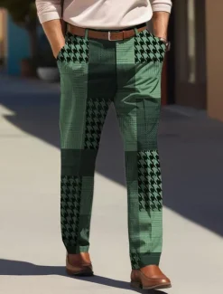 Sale OUKU Houndstooth Business Casual Men's Business 3D Printed Dress Pants Flat Front Straight-Leg Relaxed-fit Polyester Medium Waist Pants Outdoor Street Wear to Work Daily Wear S TO 3XL