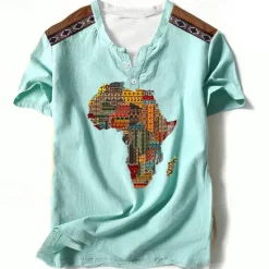 Hot OUKU Independence Day Map Of Africa Mens Graphic Shirt Tribal Prints Designer Classic Casual 3D Tee Henley Vintage Outdoor Daily Vacation Light Brown Blue African Cotton
