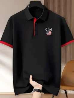 Clearance OUKU Independence Day Men's American US Flag Golf Shirt Short Sleeve Polo Shirts Polo Collar Casual Comfortable Casual Daily Wear Festival Buttons Summer Black Red Navy Blue