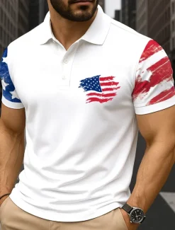Hot OUKU Independence Day Men's American Flag Polo Short Sleeves Polo Collar Lapel Casual Daily Festival Buttons Summer White Red Navy Blue