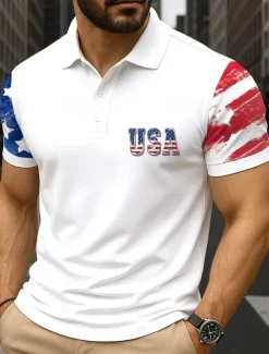 Hot OUKU Independence Day Men's American Flag Polo Short Sleeves Polo Collar Lapel Casual Daily Festival Buttons Summer White Red Navy Blue