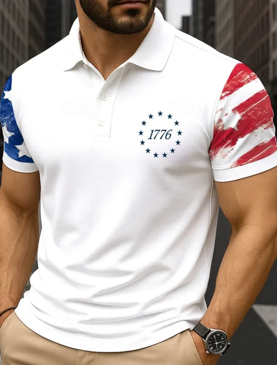 Hot OUKU Independence Day Men's American Flag Polo Short Sleeves Polo Collar Lapel Casual Daily Festival Buttons Summer White Red Navy Blue