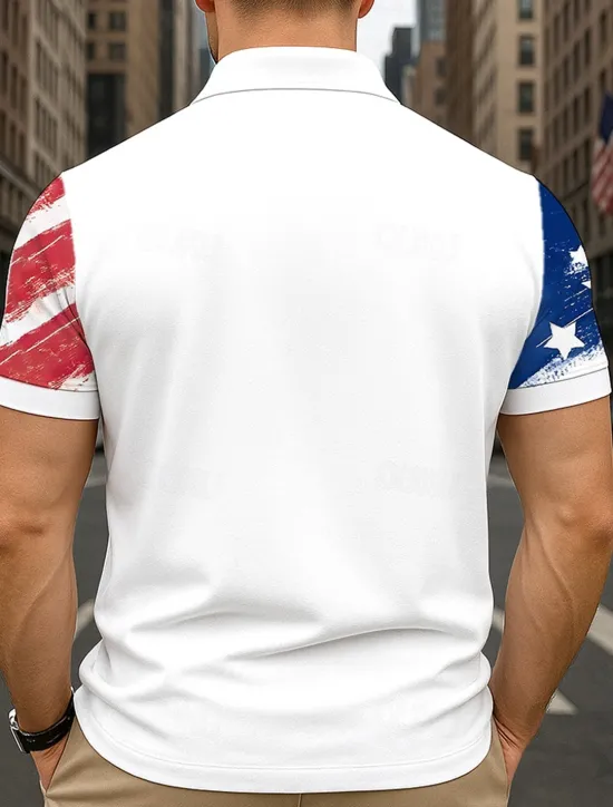 Hot OUKU Independence Day Men's American Flag Polo Short Sleeves Polo Collar Lapel Casual Daily Festival Buttons Summer White Red Navy Blue