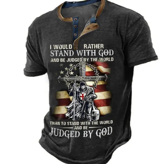 Clearance OUKU Independence Day Mens Graphic Shirt Henley Cross Faith National Flag Clothing Apparel 3D Print Outdoor Daily Short Sleeve Button Down Fashion Designer Would Rather Stand With God Be Judged By World Th