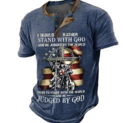 Clearance OUKU Independence Day Mens Graphic Shirt Henley Cross Faith National Flag Clothing Apparel 3D Print Outdoor Daily Short Sleeve Button Down Fashion Designer Would Rather Stand With God Be Judged By World Th