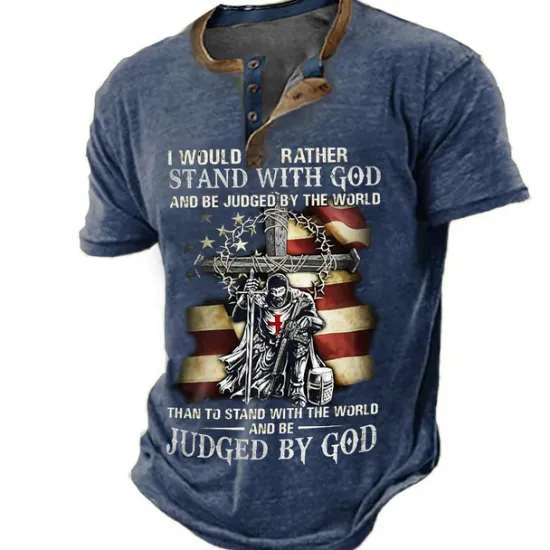 Clearance OUKU Independence Day Mens Graphic Shirt Henley Cross Faith National Flag Clothing Apparel 3D Print Outdoor Daily Short Sleeve Button Down Fashion Designer Would Rather Stand With God Be Judged By World Th