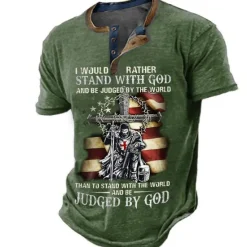 Clearance OUKU Independence Day Mens Graphic Shirt Henley Cross Faith National Flag Clothing Apparel 3D Print Outdoor Daily Short Sleeve Button Down Fashion Designer Would Rather Stand With God Be Judged By World Th