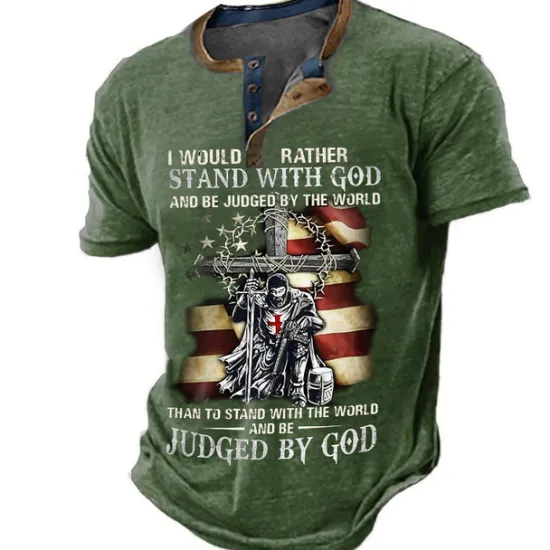 Clearance OUKU Independence Day Mens Graphic Shirt Henley Cross Faith National Flag Clothing Apparel 3D Print Outdoor Daily Short Sleeve Button Down Fashion Designer Would Rather Stand With God Be Judged By World Th