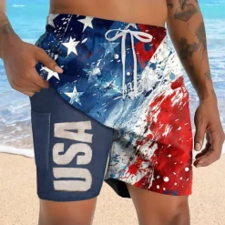 Sale OUKU Independence Day Men's Patriotic USA Flag Lined Shorts 2 in 1 Board Shorts Swim Trunks Mid Waist Holiday Side Pockets With Compression Liner Elastic Drawstring Waist Designer Clothing Apparel