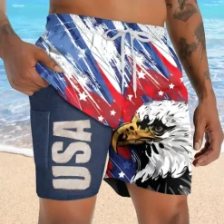 Sale OUKU Independence Day Men's Patriotic USA Flag Lined Shorts 2 in 1 Board Shorts Swim Trunks Mid Waist Holiday Side Pockets With Compression Liner Elastic Drawstring Waist Designer Clothing Apparel