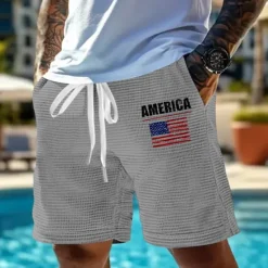 Best OUKU Independence Day Men's US Flag Patriotic Waffle Shorts Sweat Shorts Casual Shorts Mid Waist Fashion Casual Vacation Jogging Workout Elastic Drawstring Waist Shorts with Pockets Designer Clothing