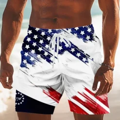 Discount OUKU Independence Day Men's US Flag Patriotic Fourth of July Lined Shorts 2 in 1 Board Shorts Swim Trunks Mid Waist Holiday Side Pockets With Compression Liner Elastic Drawstring Waist Designer Clothing