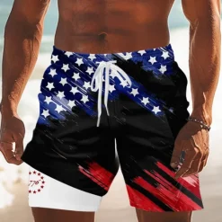 Discount OUKU Independence Day Men's US Flag Patriotic Fourth of July Lined Shorts 2 in 1 Board Shorts Swim Trunks Mid Waist Holiday Side Pockets With Compression Liner Elastic Drawstring Waist Designer Clothing