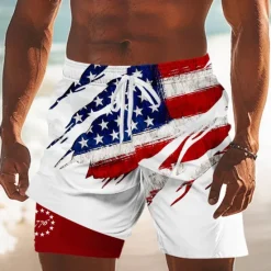 New OUKU Independence Day Men's US Flag Patriotic Fourth of July Lined Shorts 2 in 1 Board Shorts Swim Trunks Mid Waist Holiday Side Pockets With Compression Liner Elastic Drawstring Waist Designer Clothing