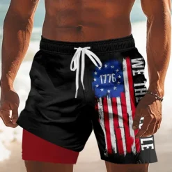 New OUKU Independence Day Men's US Flag Patriotic Fourth of July Lined Shorts 2 in 1 Board Shorts Swim Shorts Mid Waist Holiday Side Pockets With Compression Liner Elastic Drawstring Waist Designer Clothing