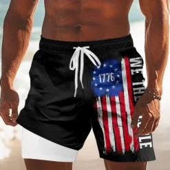 New OUKU Independence Day Men's US Flag Patriotic Fourth of July Lined Shorts 2 in 1 Board Shorts Swim Shorts Mid Waist Holiday Side Pockets With Compression Liner Elastic Drawstring Waist Designer Clothing
