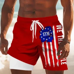 New OUKU Independence Day Men's US Flag Patriotic Fourth of July Lined Shorts 2 in 1 Board Shorts Swim Shorts Mid Waist Holiday Side Pockets With Compression Liner Elastic Drawstring Waist Designer Clothing