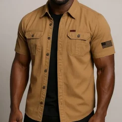 Online OUKU Independence Day Men's US Flag Patriotic Work Shirt Western Shirt Cargo Shirt Short Sleeve Casual Tactical Sports Outdoor Going out Summer Spring Turndown Graphic Cotton Button Up Shirts Khaki Beige