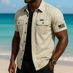 Online OUKU Independence Day Men's US Flag Patriotic Work Shirt Western Shirt Cargo Shirt Short Sleeve Casual Tactical Sports Outdoor Going out Summer Spring Turndown Graphic Cotton Button Up Shirts Khaki Beige