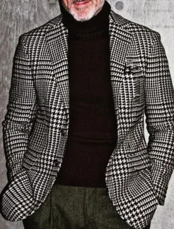 Outlet OUKU kentucky derby Men's Houndstooth Long Sleeve Turndown Fashion Streetwear Business Work Wear to work Going out Buttons Print Black