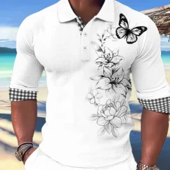 Online OUKU Kentucky Derby Men's Butterfly Hawaiian Polo Shirts Golf Shirt Long Sleeve Polo Shirts Collared Shirts Casual Beach Wear Vacation Wear Party Outfits Buttons 3D Print White Pink Blue