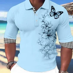 Online OUKU Kentucky Derby Men's Butterfly Hawaiian Polo Shirts Golf Shirt Long Sleeve Polo Shirts Collared Shirts Casual Beach Wear Vacation Wear Party Outfits Buttons 3D Print White Pink Blue
