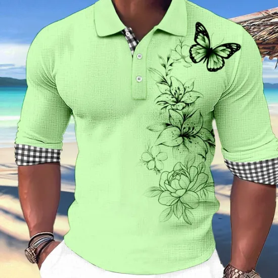 Online OUKU Kentucky Derby Men's Butterfly Hawaiian Polo Shirts Golf Shirt Long Sleeve Polo Shirts Collared Shirts Casual Beach Wear Vacation Wear Party Outfits Buttons 3D Print White Pink Blue