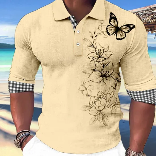Online OUKU Kentucky Derby Men's Butterfly Hawaiian Polo Shirts Golf Shirt Long Sleeve Polo Shirts Collared Shirts Casual Beach Wear Vacation Wear Party Outfits Buttons 3D Print White Pink Blue