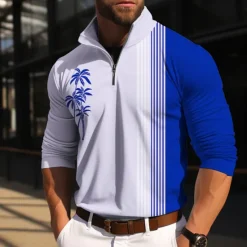 New OUKU Kentucky Derby Men's Coconut Tree Stripes Polo Shirts Golf Polos Shirts Long Sleeve Polo Shirts Zip Lapel Business Outdoor Casual Daily Streetwear 3D Print Fall & Winter Wine Blue Gray