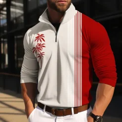 New OUKU Kentucky Derby Men's Coconut Tree Stripes Polo Shirts Golf Polos Shirts Long Sleeve Polo Shirts Zip Lapel Business Outdoor Casual Daily Streetwear 3D Print Fall & Winter Wine Blue Gray