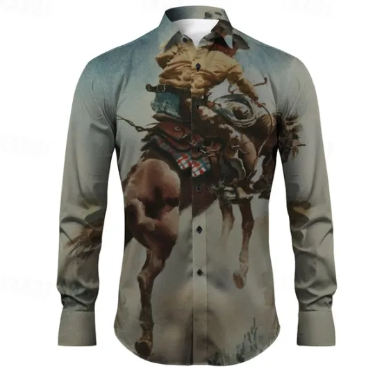Best OUKU Kentucky Derby Men's Cowboy Shirt Western Shirt Cowboy Shirt Long Sleeve Vintage Western Style Outdoor Street Casual Daily Fall & Winter Turndown Buttons Print Blue Orange khaki Gray