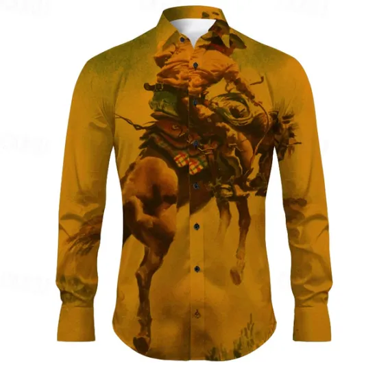 Best OUKU Kentucky Derby Men's Cowboy Shirt Western Shirt Cowboy Shirt Long Sleeve Vintage Western Style Outdoor Street Casual Daily Fall & Winter Turndown Buttons Print Blue Orange khaki Gray