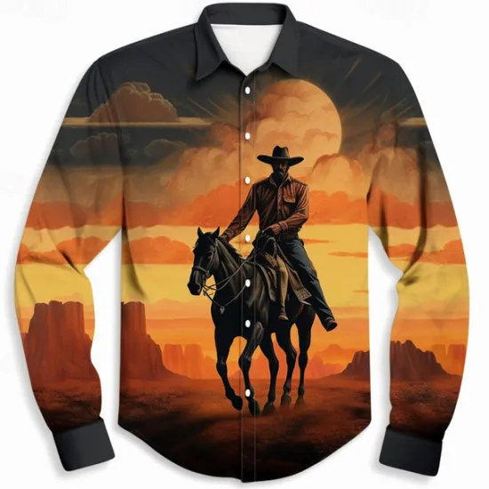 Discount OUKU Kentucky Derby Men's Cowboy Shirt Western Shirt Cowboy Shirt Long Sleeve Western Style Outdoor Street Casual Daily Fall & Winter Turndown Buttons Print Orange