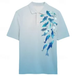 New OUKU Kentucky Derby Men's Fish Hawaiian Polo Shirts Golf Shirt Short Sleeve Polo Shirts Collared Shirts Casual Beach Wear Vacation Wear Tropical Wear Party Outfits Buttons 3D Print Summer White Blue Light