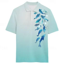 New OUKU Kentucky Derby Men's Fish Hawaiian Polo Shirts Golf Shirt Short Sleeve Polo Shirts Collared Shirts Casual Beach Wear Vacation Wear Tropical Wear Party Outfits Buttons 3D Print Summer White Blue Light