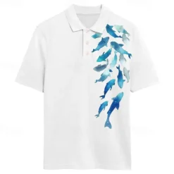 New OUKU Kentucky Derby Men's Fish Hawaiian Polo Shirts Golf Shirt Short Sleeve Polo Shirts Collared Shirts Casual Beach Wear Vacation Wear Tropical Wear Party Outfits Buttons 3D Print Summer White Blue Light