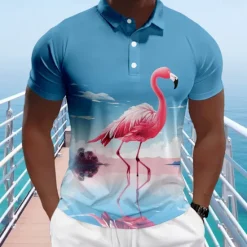 Outlet OUKU Kentucky Derby Men's Flamingo Hawaiian Polo Shirts Golf Shirt Short Sleeve Polo Shirts Collared Shirts Beach Wear Vacation Wear Tropical Wear Party Outfits Buttons 3D Print Spring & Summer Blue