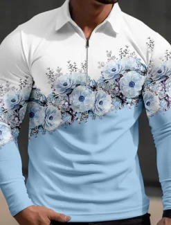 Outlet OUKU Kentucky Derby Men's Floral Hawaiian Polo Shirts Golf Shirt Long Sleeve Polo Shirts Collared Shirts Casual Beach Wear Vacation Wear Tropical Wear Party Outfits 3D Print Quarter Zip Polo Fall & Winter