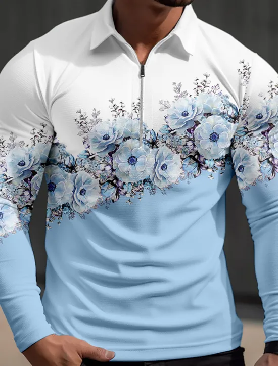 Outlet OUKU Kentucky Derby Men's Floral Hawaiian Polo Shirts Golf Shirt Long Sleeve Polo Shirts Collared Shirts Casual Beach Wear Vacation Wear Tropical Wear Party Outfits 3D Print Quarter Zip Polo Fall & Winter