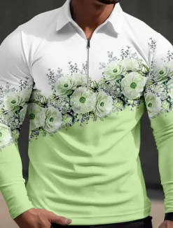 Outlet OUKU Kentucky Derby Men's Floral Hawaiian Polo Shirts Golf Shirt Long Sleeve Polo Shirts Collared Shirts Casual Beach Wear Vacation Wear Tropical Wear Party Outfits 3D Print Quarter Zip Polo Fall & Winter