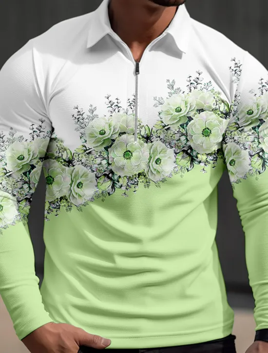Outlet OUKU Kentucky Derby Men's Floral Hawaiian Polo Shirts Golf Shirt Long Sleeve Polo Shirts Collared Shirts Casual Beach Wear Vacation Wear Tropical Wear Party Outfits 3D Print Quarter Zip Polo Fall & Winter