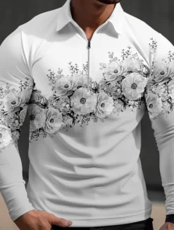 Outlet OUKU Kentucky Derby Men's Floral Hawaiian Polo Shirts Golf Shirt Long Sleeve Polo Shirts Collared Shirts Casual Beach Wear Vacation Wear Tropical Wear Party Outfits 3D Print Quarter Zip Polo Fall & Winter