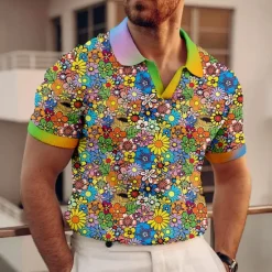 Outlet OUKU Kentucky Derby Men's Floral Hawaiian Polo Shirts Golf Shirt Short Sleeve Polo Shirts V Neck Casual Beach Wear Vacation Wear Tropical Wear Party Outfits 3D Print Blue-Green Yellow Red