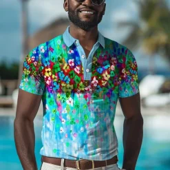 OUKU Kentucky Derby Men's Golf Shirt Short Sleeve Polo Shirts Collared Shirts Casual Beach Wear Vacation Wear Tropical Wear Party Outfits Buttons 3D Print Summer Spring Yellow Blue