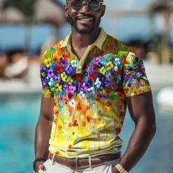OUKU Kentucky Derby Men's Golf Shirt Short Sleeve Polo Shirts Collared Shirts Casual Beach Wear Vacation Wear Tropical Wear Party Outfits Buttons 3D Print Summer Spring Yellow Blue