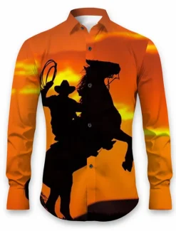 Outlet OUKU Kentucky Derby Men's Horse Shirt Western Shirt Cowboy Shirt Long Sleeve Casual Daily Wear Going out Fall & Winter Turndown Print Button-Down Orange Green