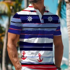 OUKU Kentucky Derby Men's Nautical Hawaiian Polo Shirts Golf Shirt Short Sleeve Polo Shirts Collared Shirts Beach Wear Vacation Wear Tropical Wear Party Outfits Buttons 3D Print Spring & Summer White Blue