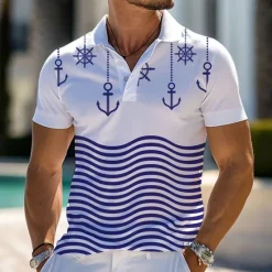 OUKU Kentucky Derby Men's Nautical Hawaiian Polo Shirts Golf Shirt Short Sleeve Polo Shirts Collared Shirts Beach Wear Vacation Wear Tropical Wear Party Outfits Buttons 3D Print Spring & Summer White Blue