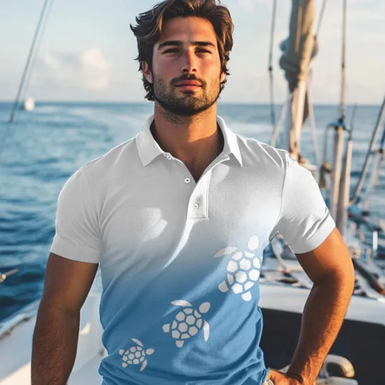 Best OUKU Kentucky Derby Men's Ombre Turtle Polo Short Sleeve Polo Shirts Collared Shirts Casual Resort Vacation Wear 3D Print Summer Spring Fall White Blue Dark Blue