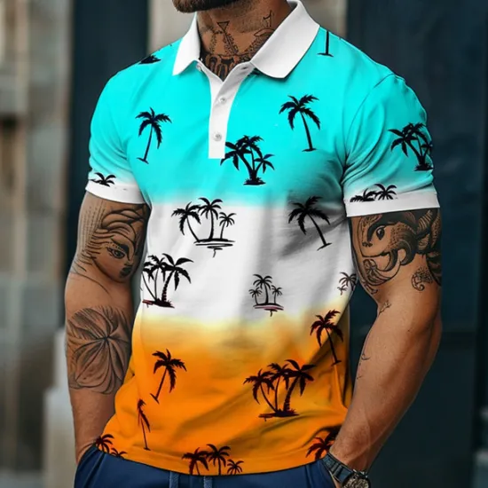 Best OUKU Kentucky Derby Men's Palm Tree Hawaiian Polo Shirts Golf Shirt Short Sleeve Polo Shirts Collared Shirts Casual Beach Wear Vacation Wear Tropical Wear Party Outfits Buttons 3D Print Summer Blue Green